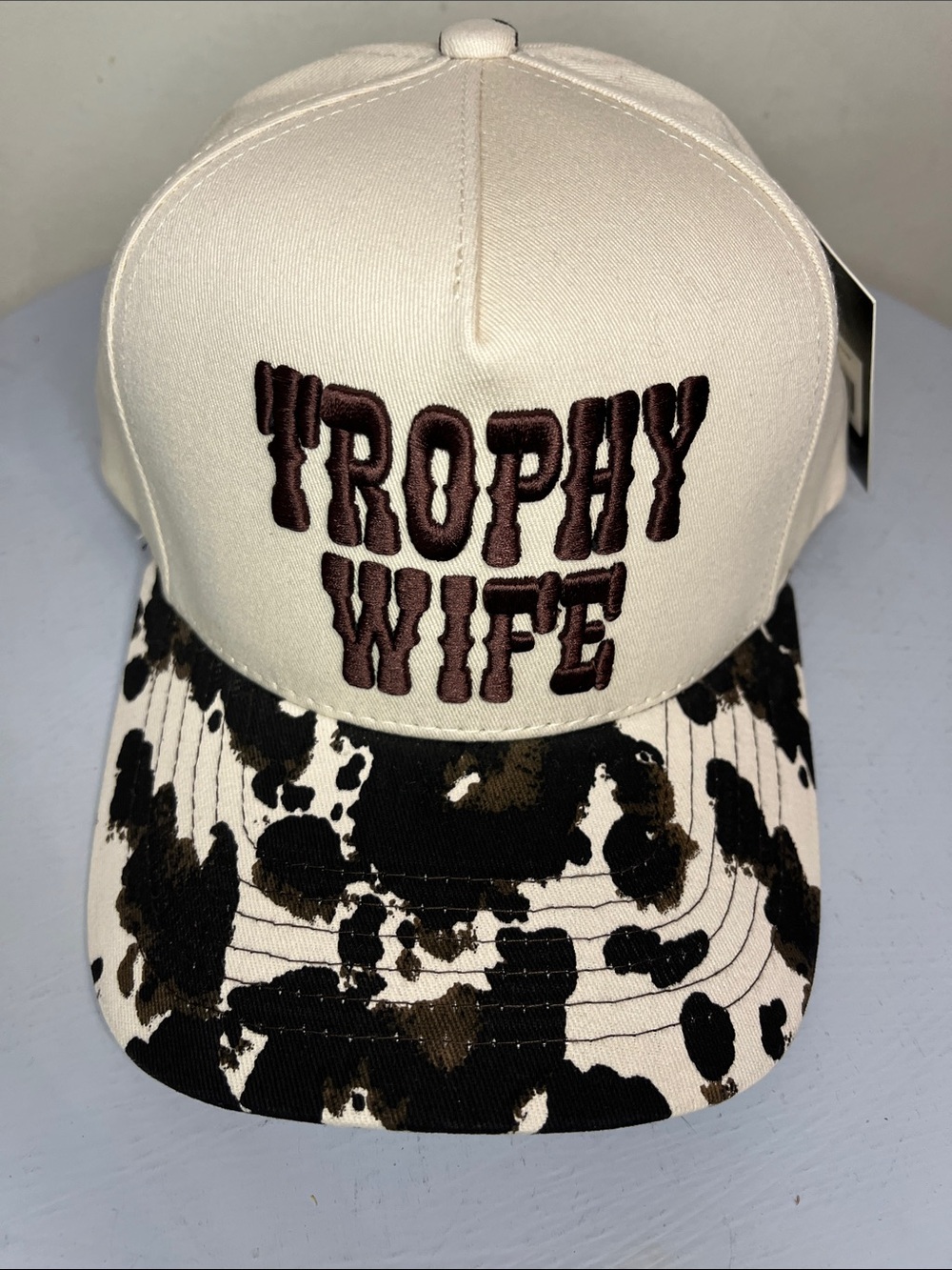 C.C. Trophy Wife Embroidered Cream and Brown Vintage Print Baseball Cap NEW